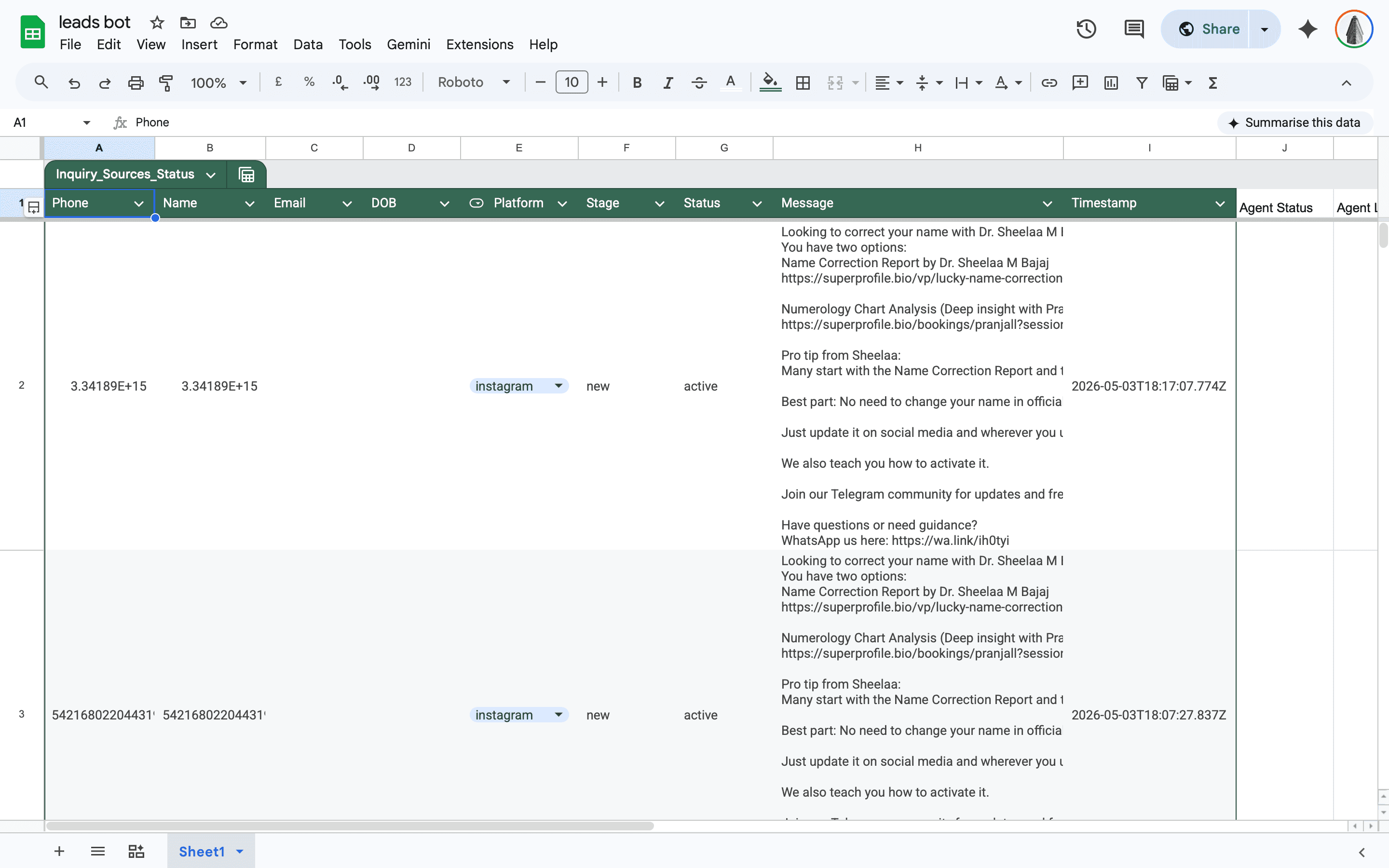 Live Google Sheet — every lead row auto-synced from Postgres in 15-minute chunks.
