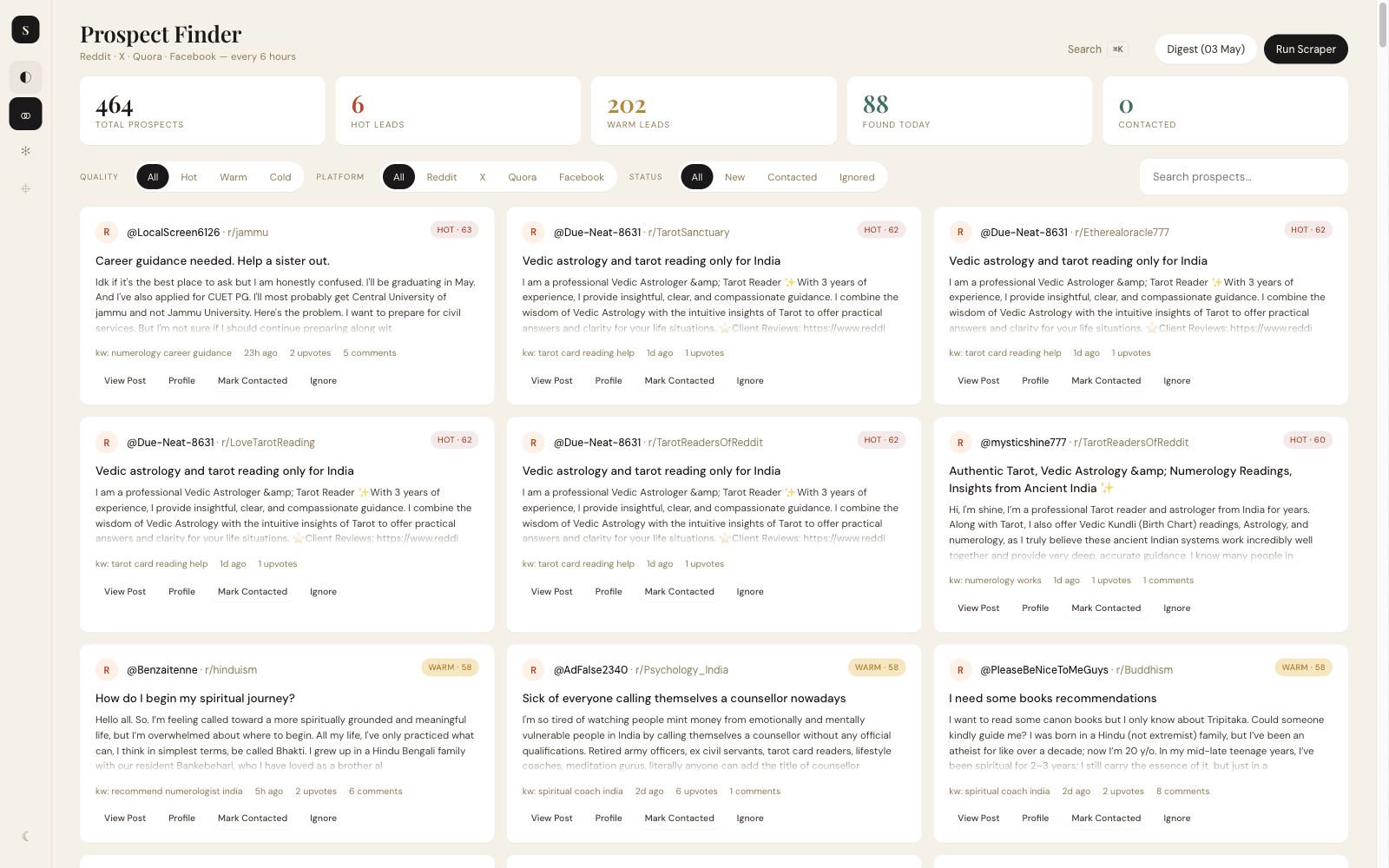 Prospect Finder — hot / warm / cold leads scored across four platforms.